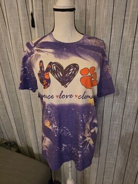 Gildan Purple Orange White Bleached Tie-Dye Peace Love Clemson Tee